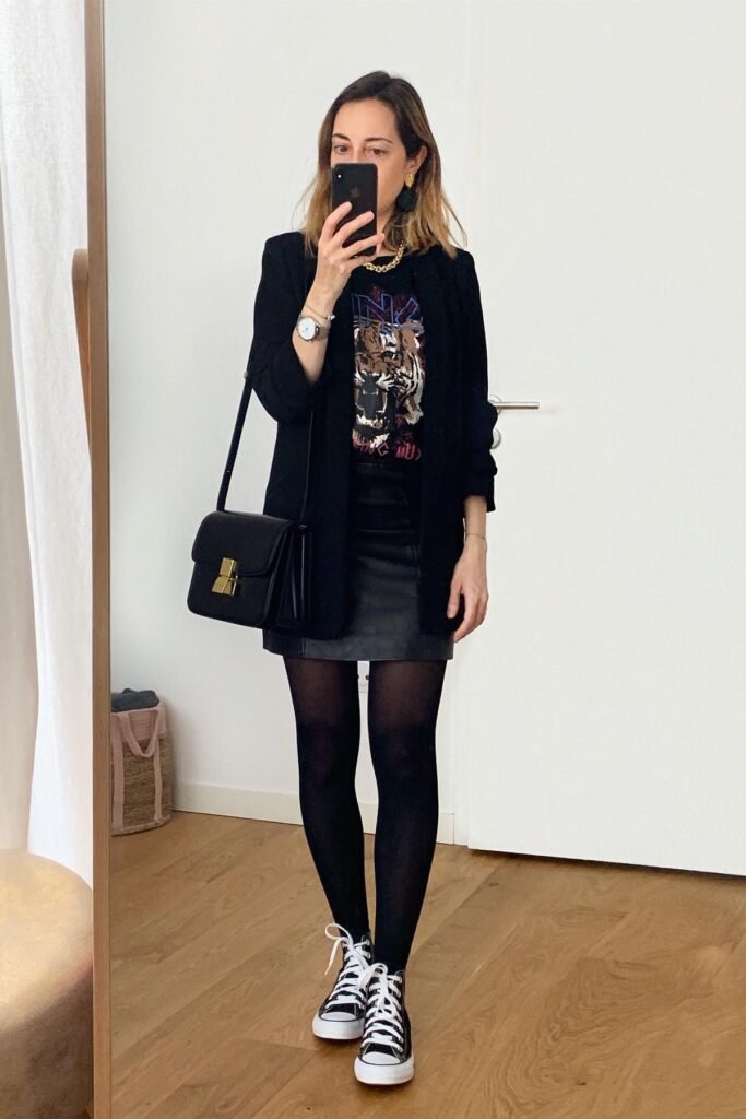 Black Blazer + Tiger Graphic T Shirt + Black Leather Mini Skirt + Black High Top Sneakers