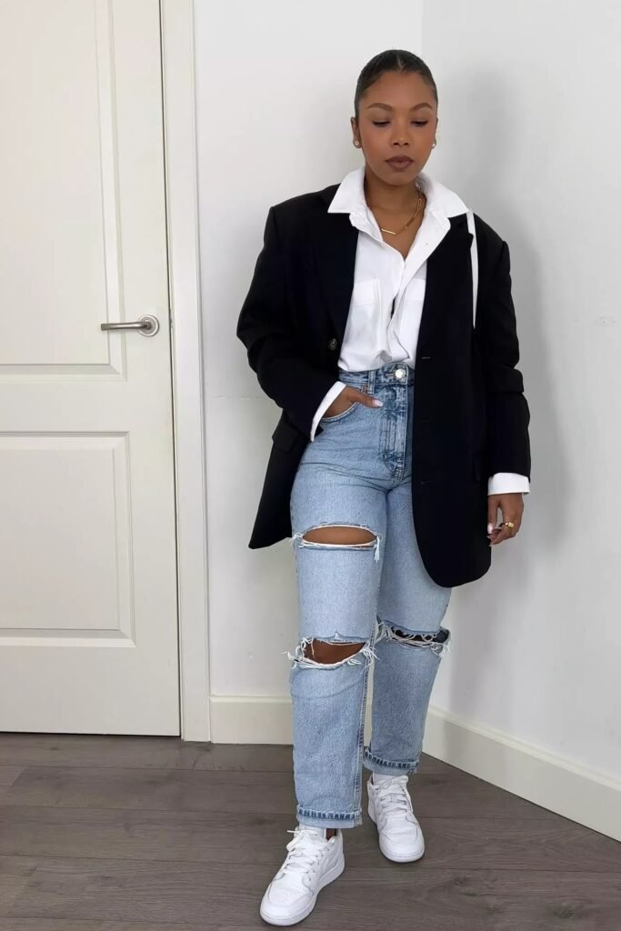 Black Blazer + White Button Down Shirt + Distressed Jeans + White Sneakers