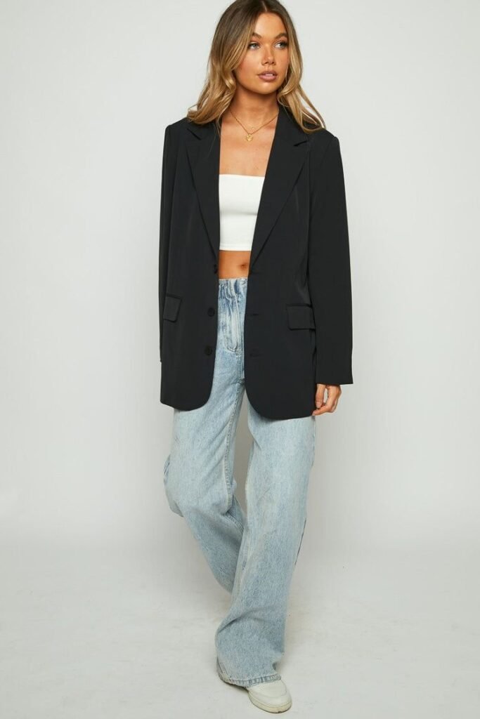 Black Blazer + White Crop Top + Light Blue Wide Leg Jeans + White Sneakers
