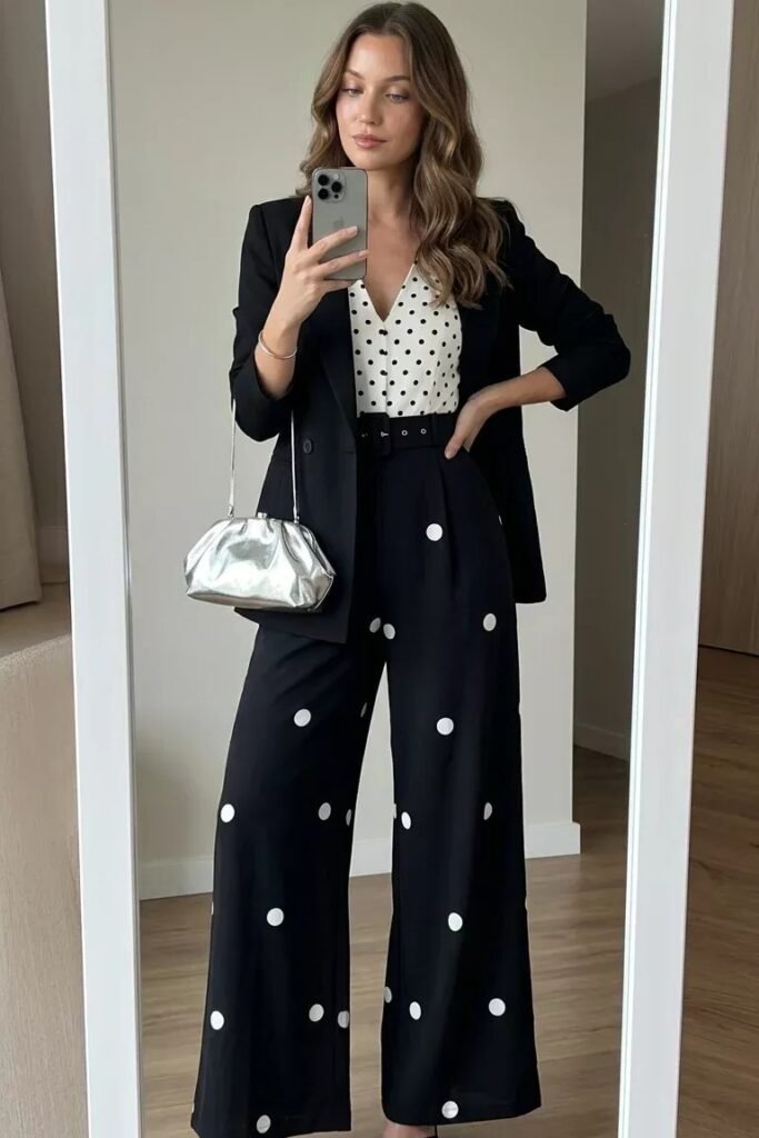 Black Blazer + White Polka Dot V-Neck Top + Black Wide-Leg Polka Dot Trousers