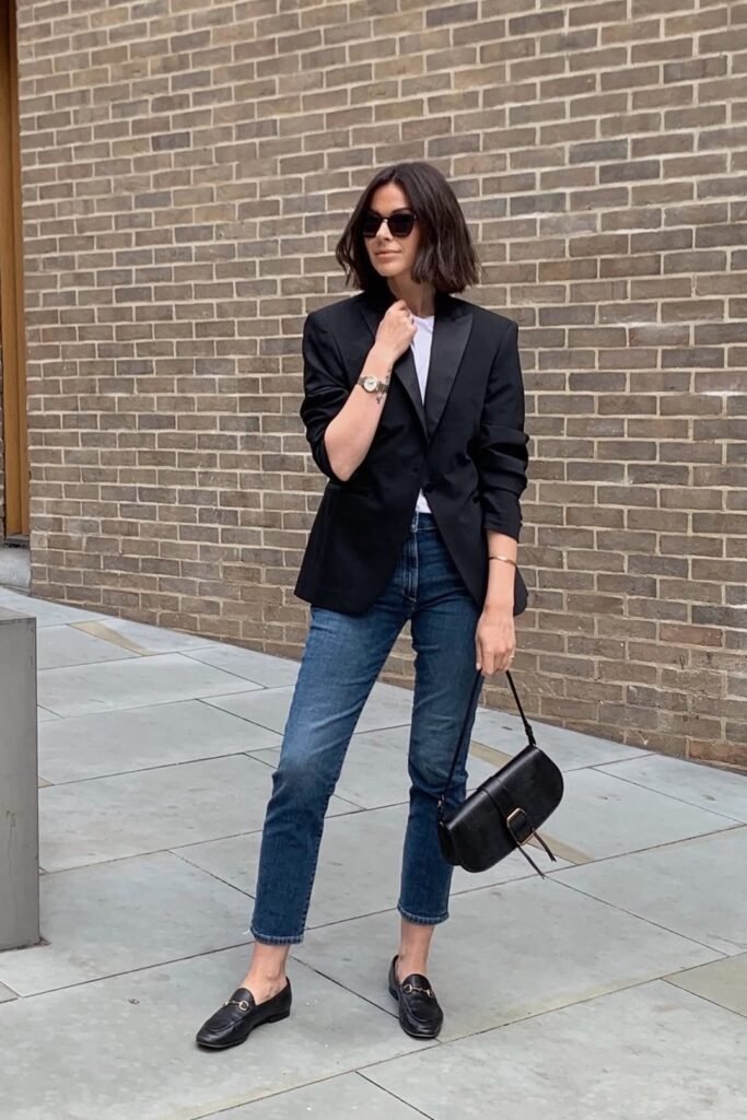 Black Blazer + White T Shirt + Blue Jeans + Black Loafers