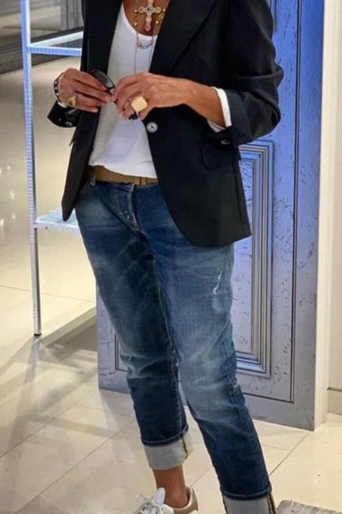 Black Blazer + White T Shirt + Cuffed Slim Fit Jeans + White Sneakers