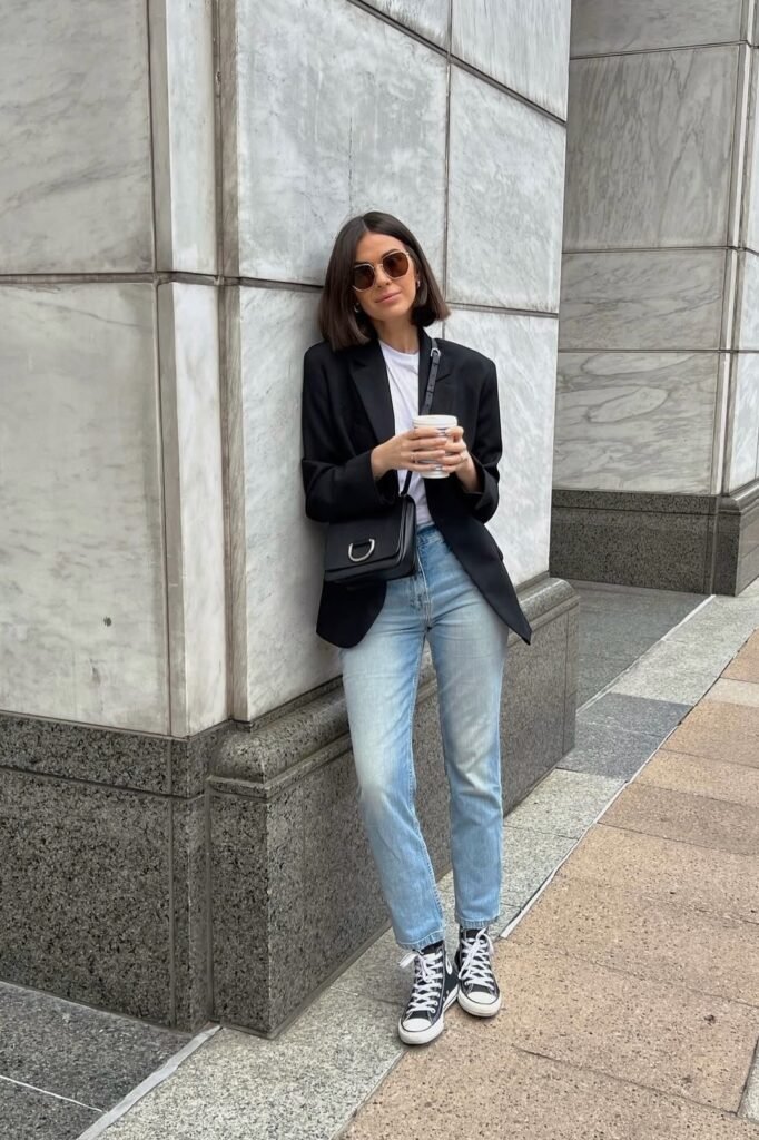 Black Blazer + White T Shirt + Light Blue Jeans + Black High Top Sneakers