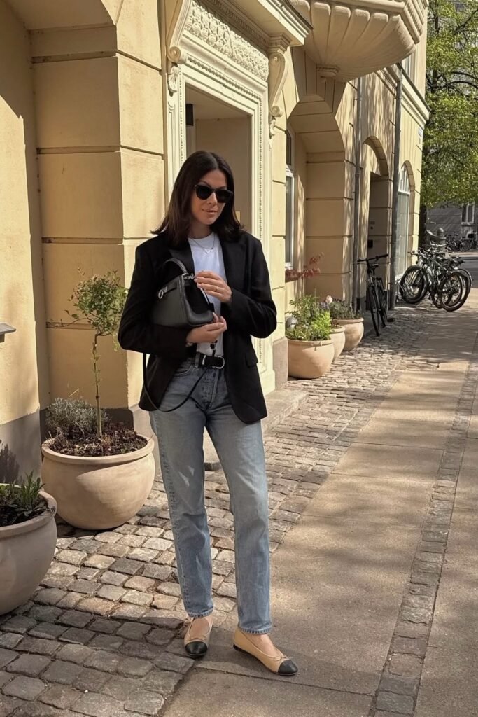 Black Blazer + White T Shirt + Light Blue Jeans + Two Tone Ballet Flats