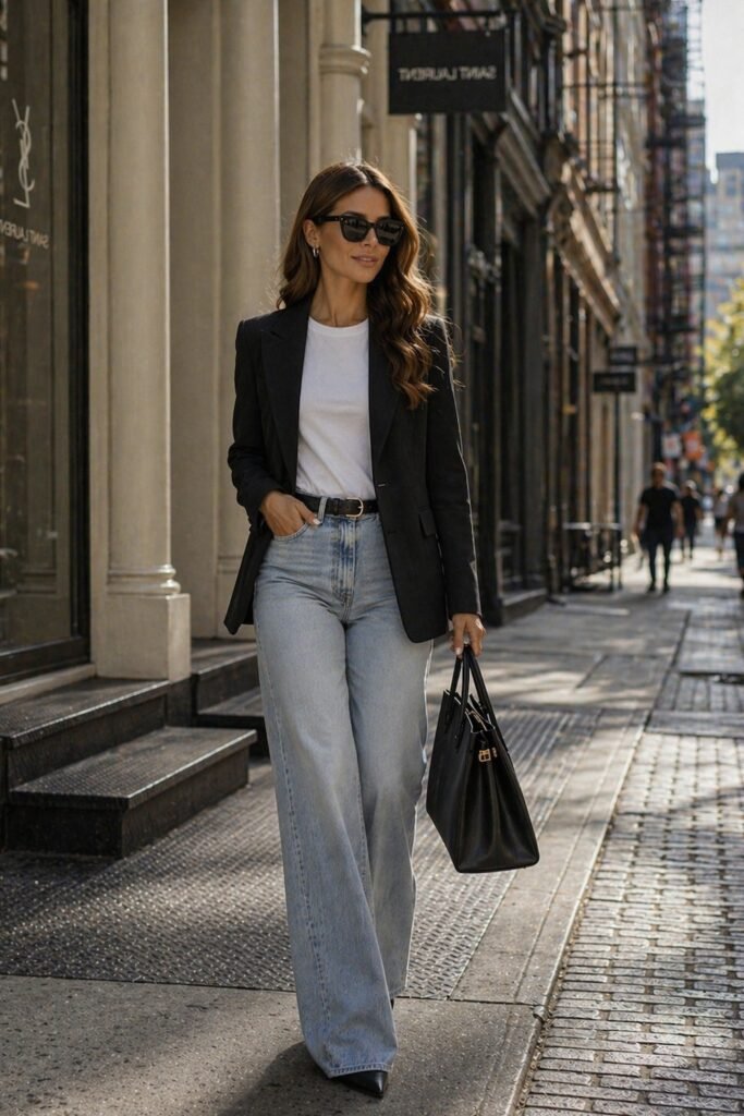 Black Blazer + White T Shirt + Light Blue Wide Leg Jeans + Black Heels