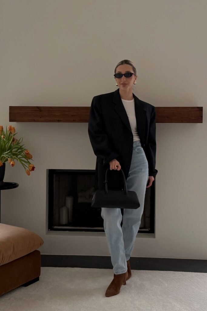 Black Blazer + White T Shirt + Light Wash Jeans + Brown Ankle Boots