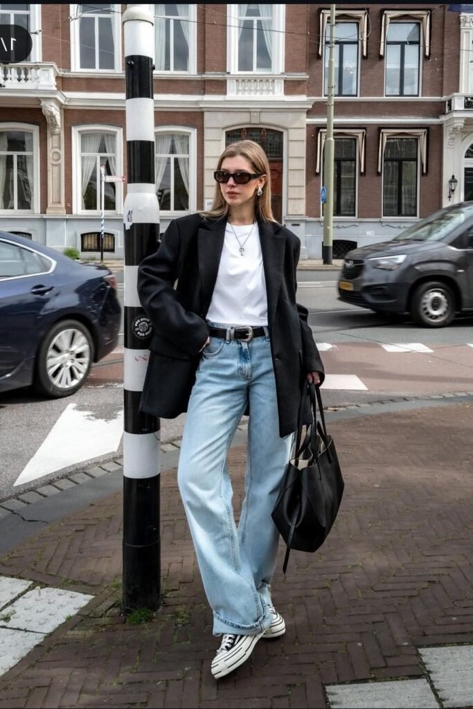 Black Blazer + White T Shirt + Light Wash Jeans + Sneakers