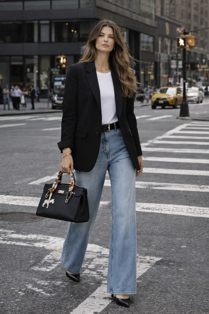 Black Blazer + White T Shirt + Light Wash Wide Leg Jeans + Black Pointed Toe Shoes