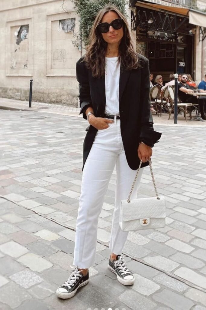 Black Blazer + White T Shirt + White Jeans + Black Sneakers