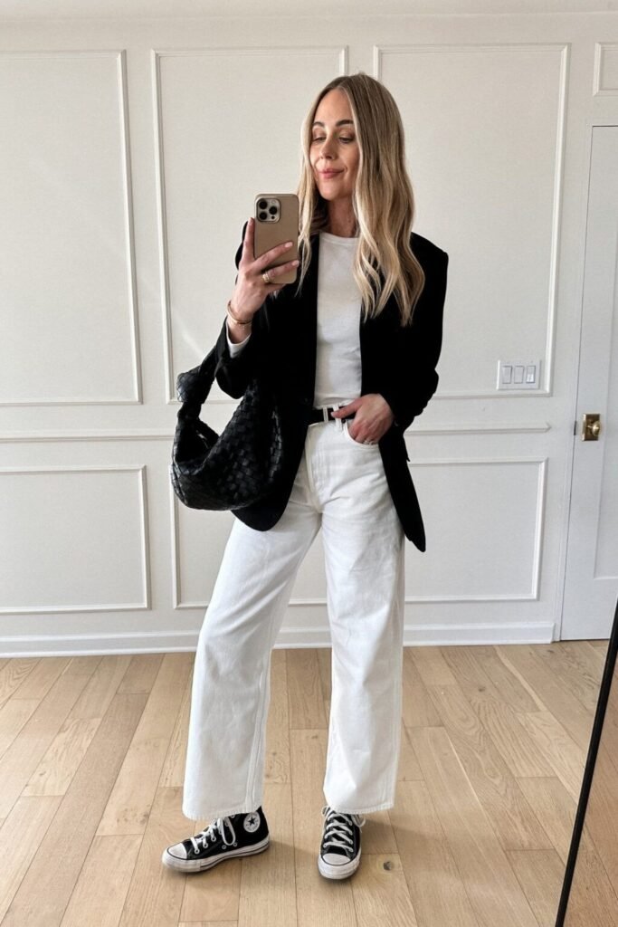 Black Blazer + White T Shirt + White Jeans + Black Sneakers