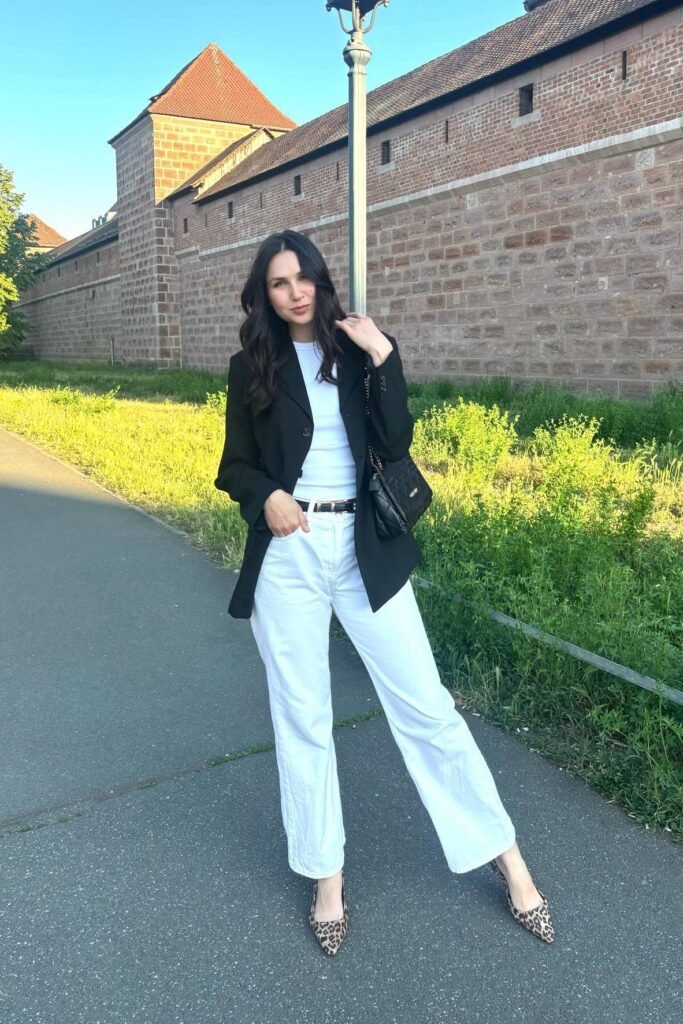 Black Blazer + White T Shirt + White Jeans + Leopard Print Heels