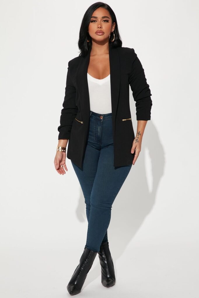 Black Blazer + White Top + Dark Blue Skinny Jeans + Black Ankle Boots