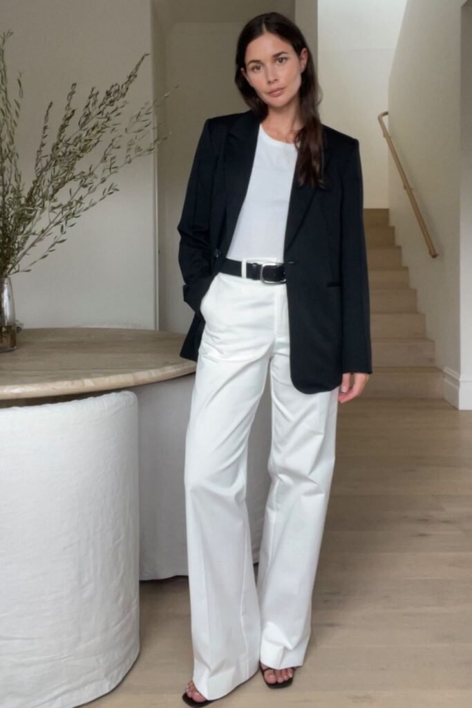 Black Blazer + White Top + White Trousers + Black Sandals