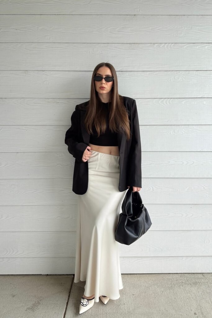 Black Blazer over Cropped Top + Cream Satin Maxi Skirt + Pointed Toe Kitten Heels