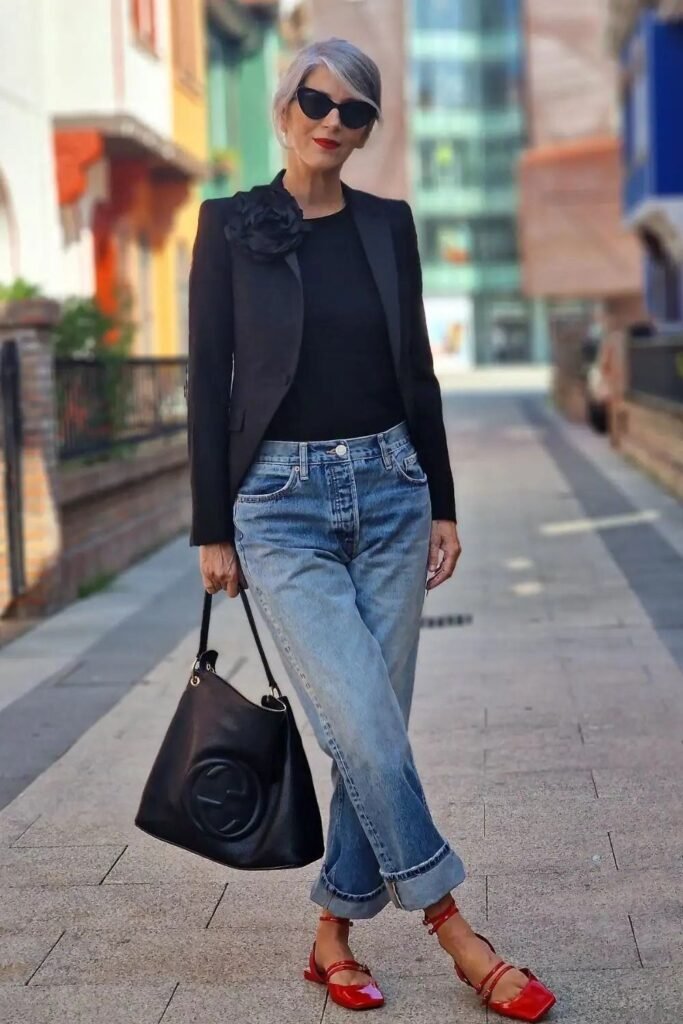 Black Blazer with Floral Detail + Black Top + Distressed Light Wash Boyfriend Jeans + Red Strappy Flats
