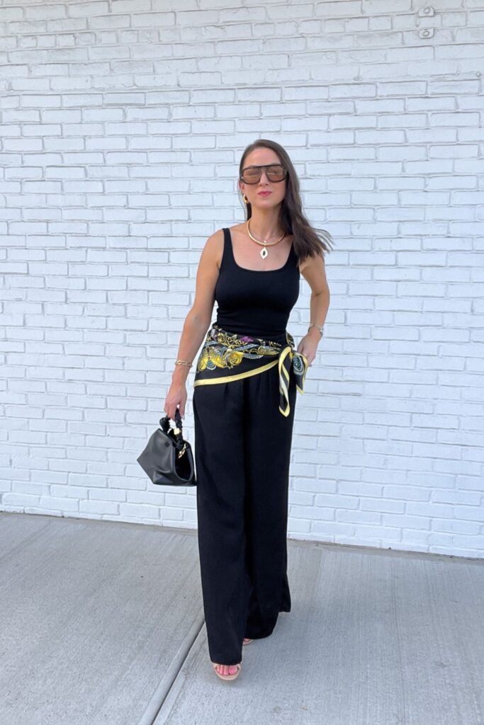 Black Bodycon Tank Top + Black Wide Leg Trousers + Yellow Floral Scarf Belt