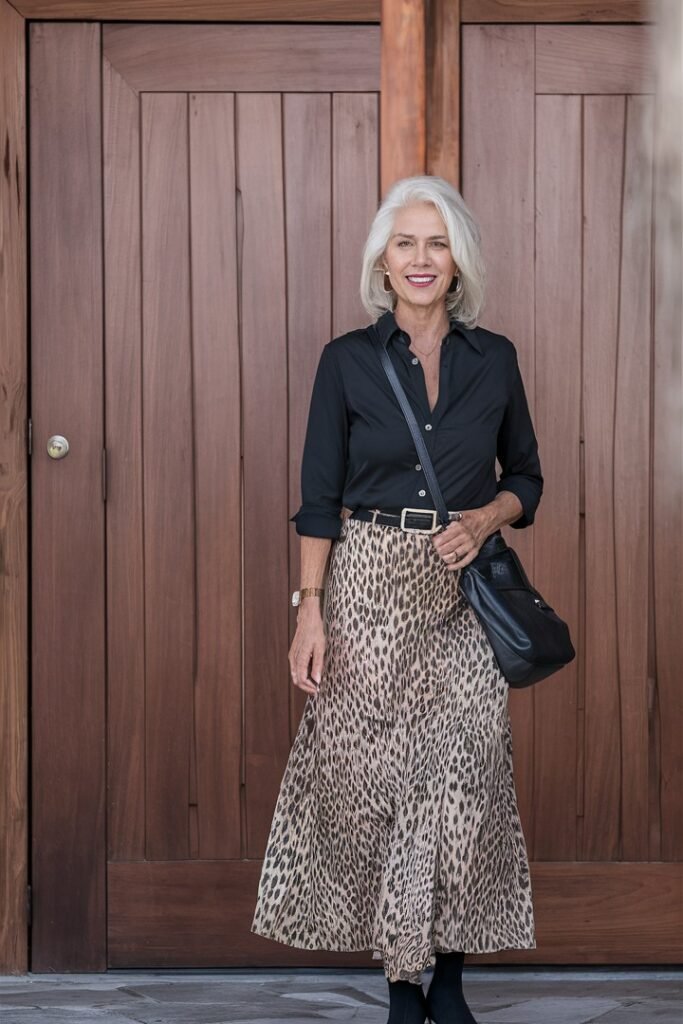 Black Button Down Shirt + Leopard Print Maxi Skirt + Black Crossbody Bag