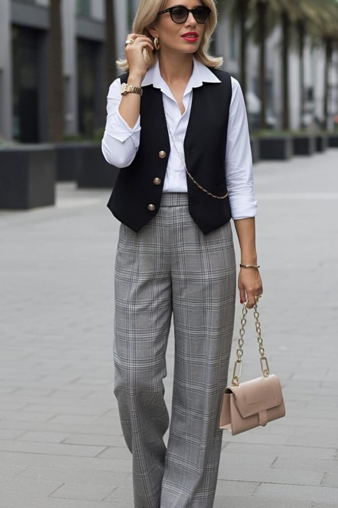 Black Buttoned Vest + White Collared Shirt + Grey Plaid Wide Leg Trousers