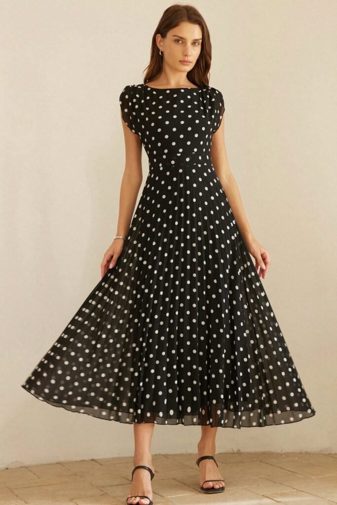 Black Cap Sleeve Polka Dot Pleated Dress + Black Minimalist Sandals