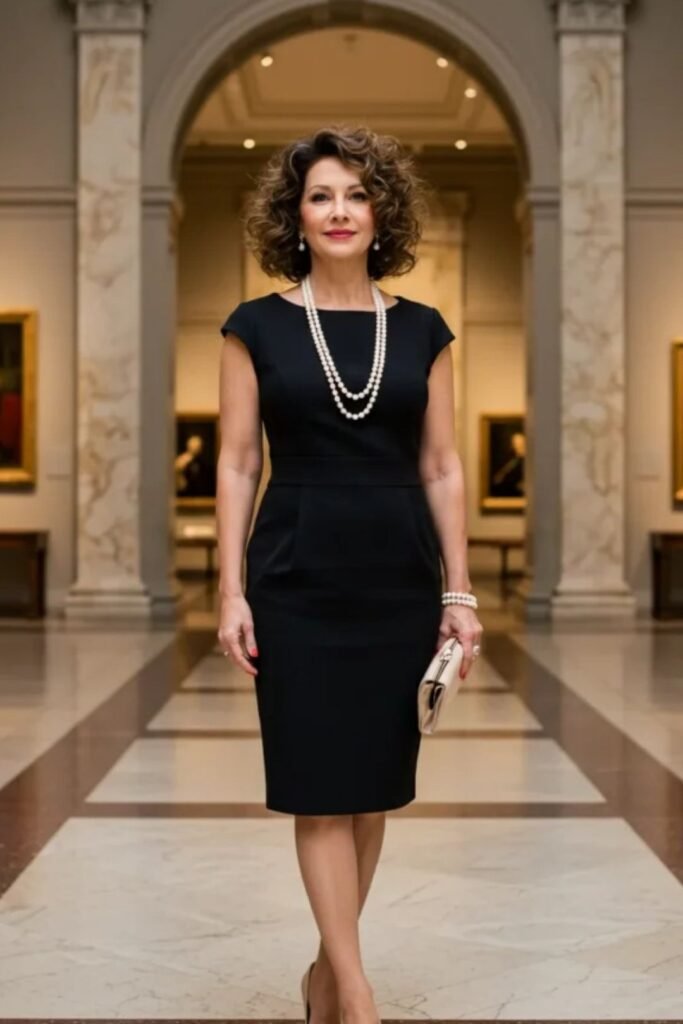 Black Cap Sleeve Sheath Dress + Double Strand Pearl Necklace + Cream Clutch