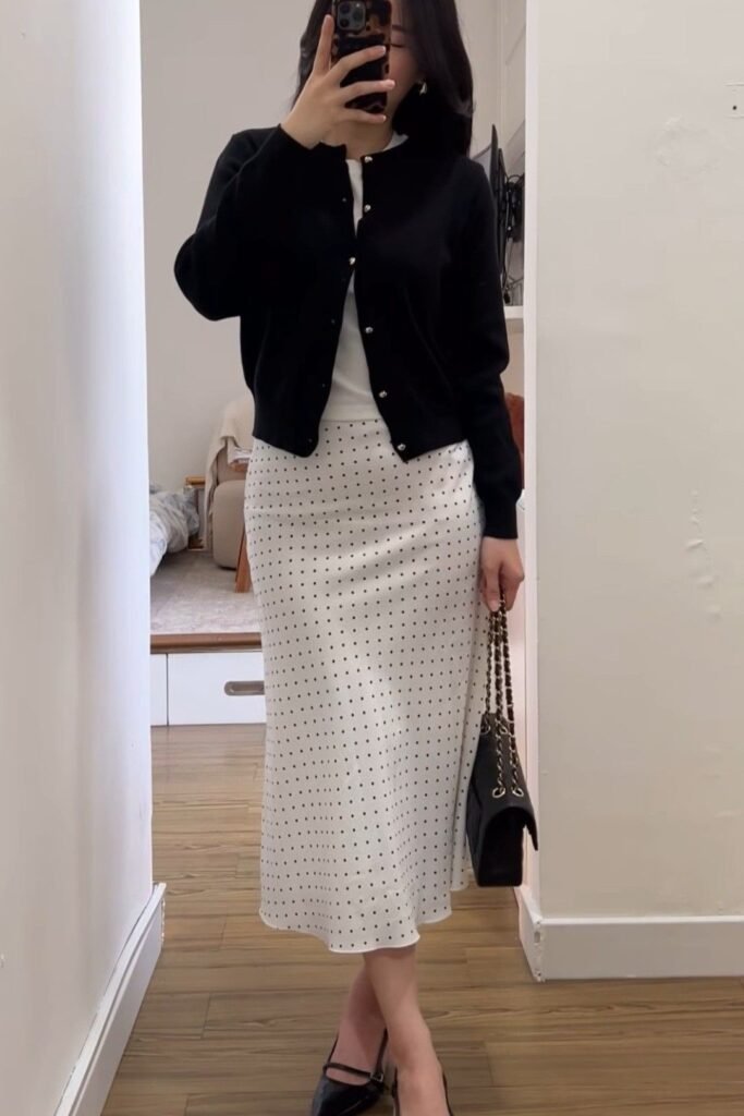 Black Cardigan + White Polka Dot Midi Skirt + Black Mary Janes
