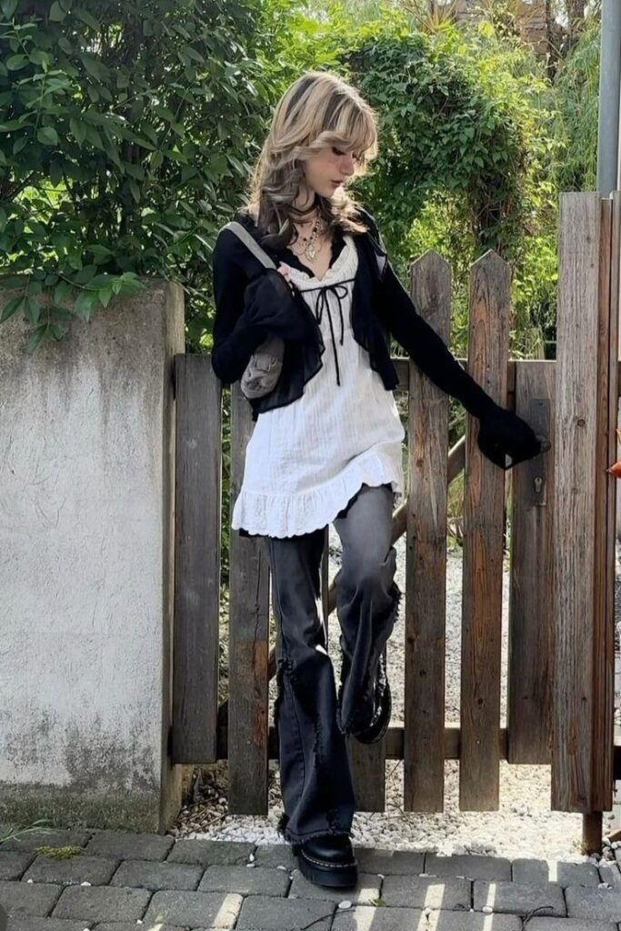 Black Cardigan + White Ruffled Dress + Grey Flared Jeans + Black Platform Boots