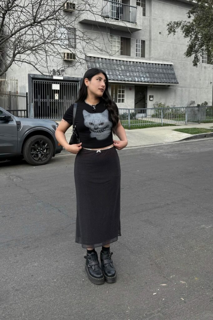 Black Cat Graphic Crop Top + Black Dotted Midi Skirt + Black Platform Buckle Boots