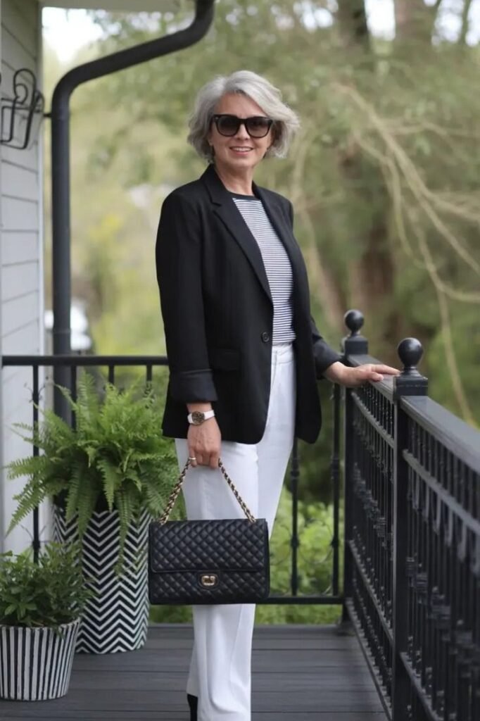 Black Classic Blazer + Black and White Striped Top + White Straight Leg Pants