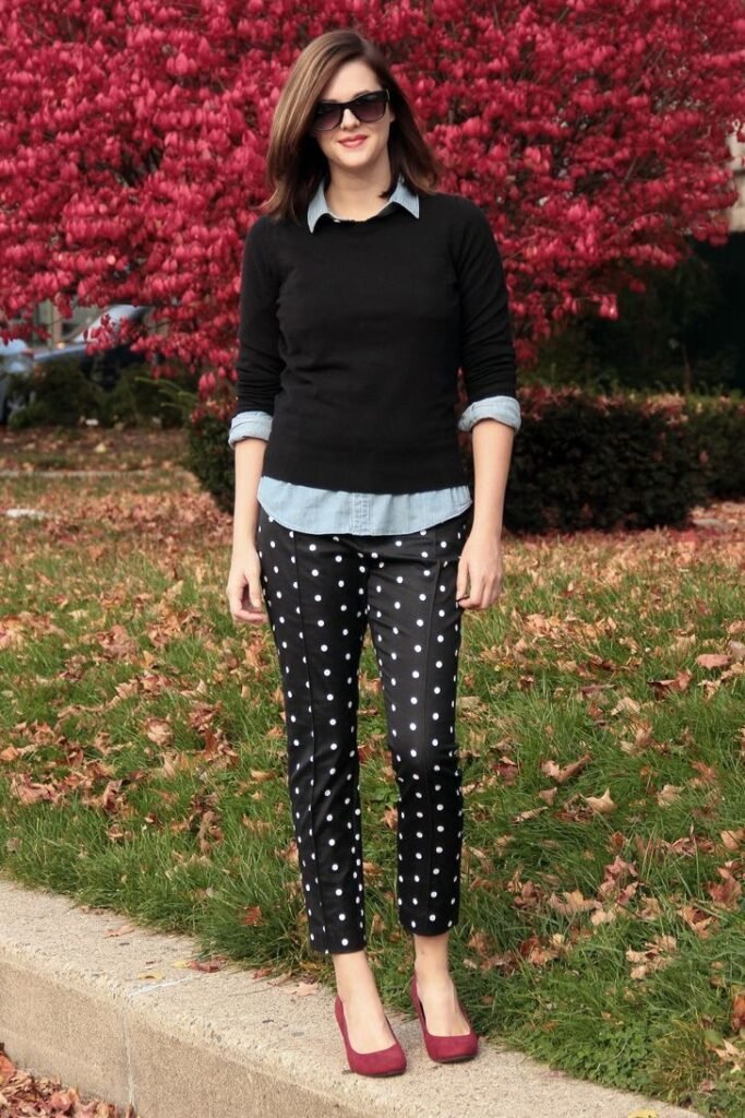 Black Crewneck Sweater + Light Blue Denim Shirt + Black & White Small Polka Dot Trousers + Maroon Flats