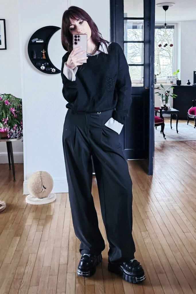 Black Crewneck Sweater + White Collared Shirt + Loose Black Trousers + Chunky Black Shoes