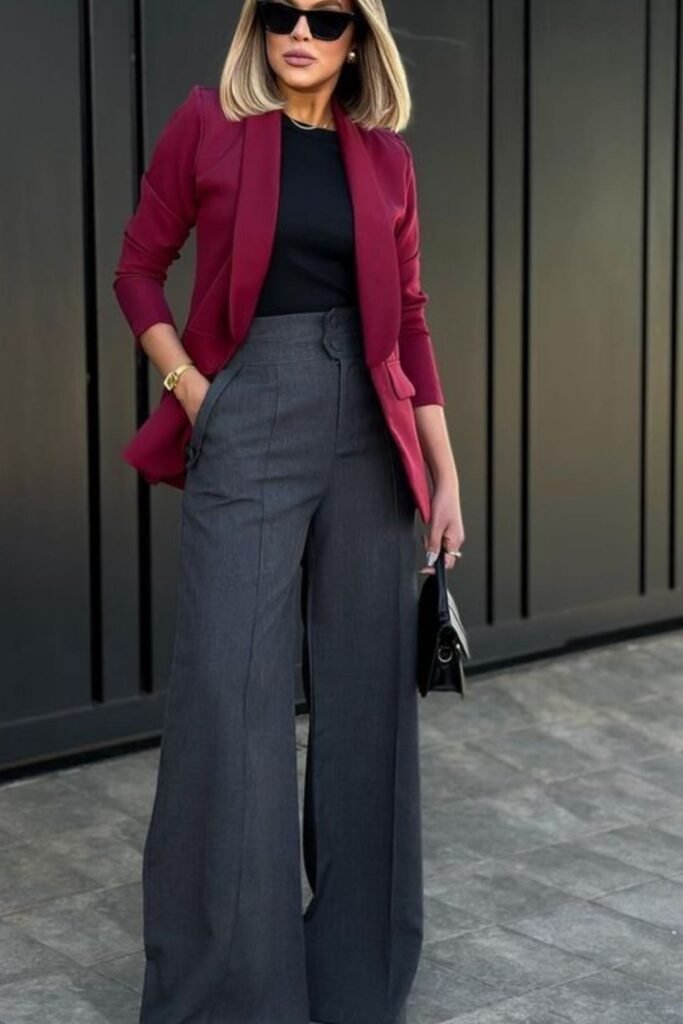 Black Crewneck Top + Burgundy Shawl Collar Blazer + Charcoal Grey Wide Leg Trousers