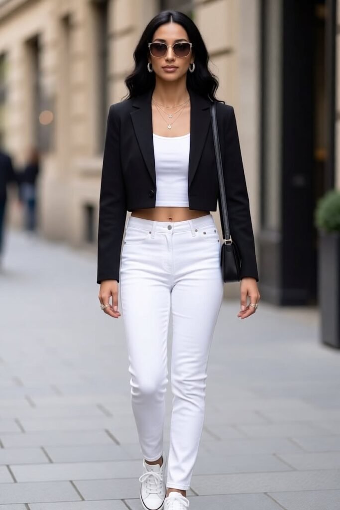 Black Cropped Blazer + White Crop Top + White Jeans + White Sneakers
