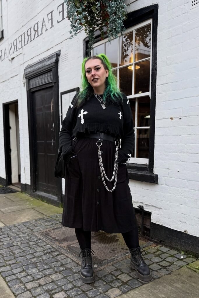 Black Cropped Cross Sweater + Black Button Up Midi Skirt + Black Platform Combat Boots