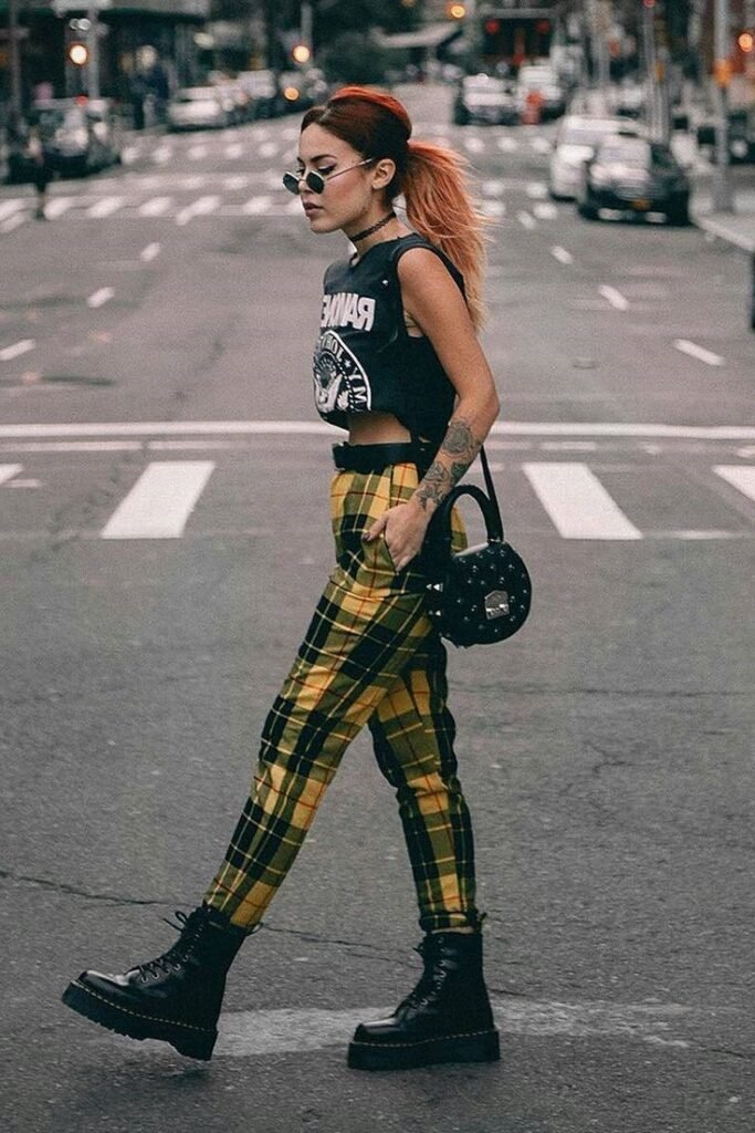 Black Cropped Graphic Tank + Yellow Plaid Trousers + Black Combat Boots