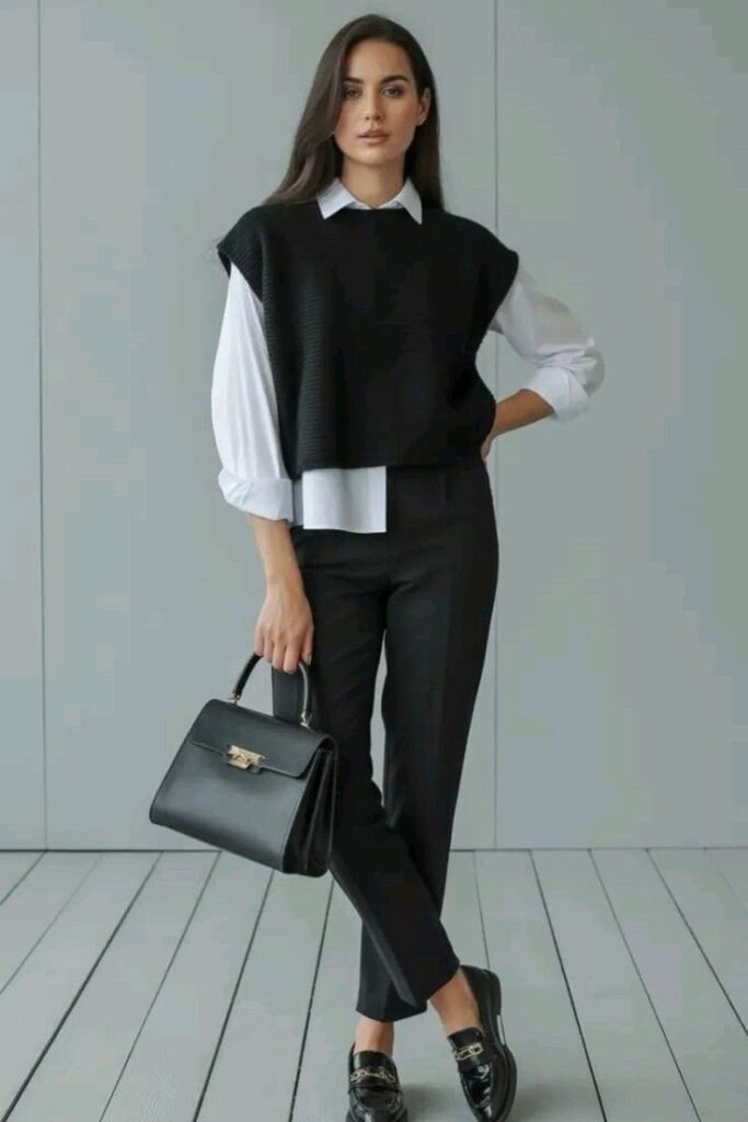 Black Cropped Sweater Vest + White Button Down Shirt + Black Tailored Trousers + Black Patent Loafers