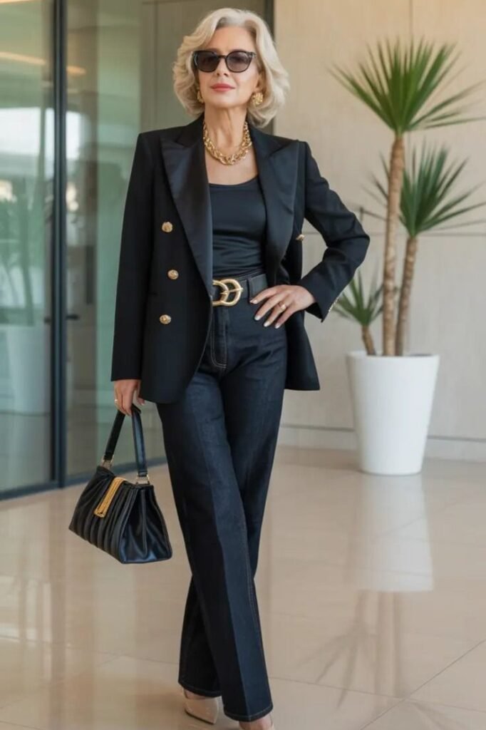 Black Double Breasted Blazer + Dark Wash Wide Leg Jeans + Black Top + Gold Logo Belt