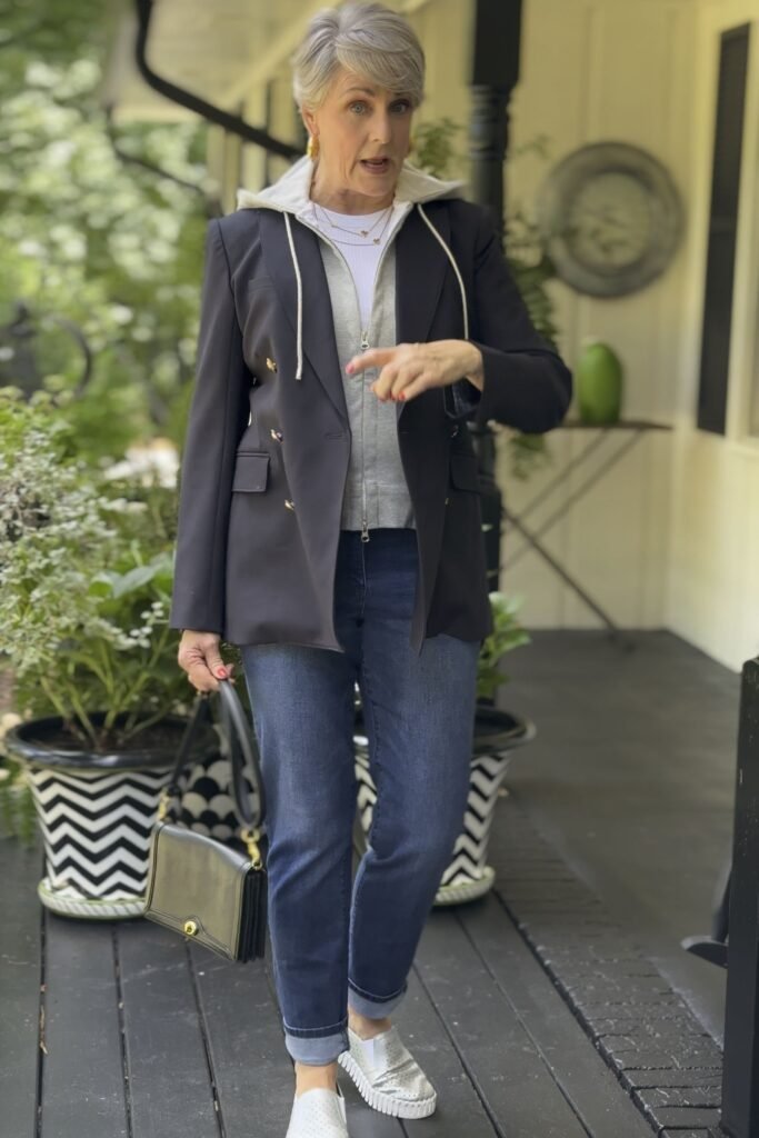 Black Double Breasted Blazer + Grey Zip Up Hoodie + Dark Blue Rolled Jeans + White Perforated Slip On Shoes