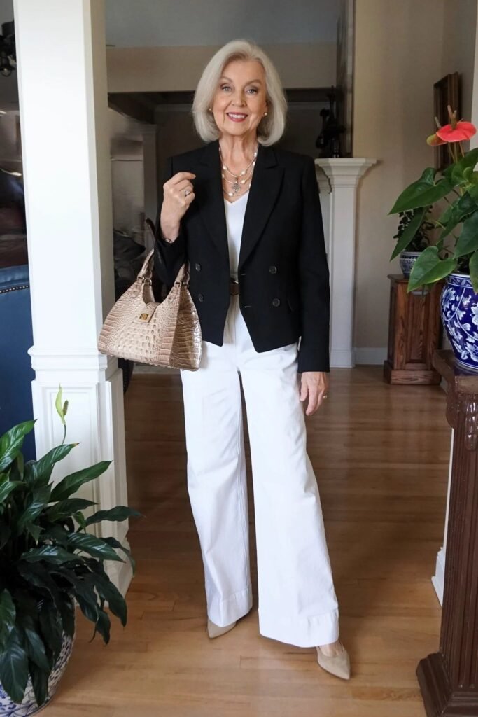 Black Double-Breasted Blazer + White V-Neck Top + High-Waisted White Trousers + Beige Pointed Heels