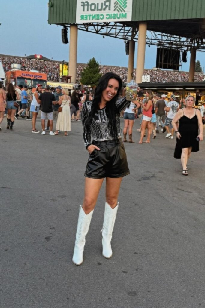 Black Embellished Long Sleeve Top + Black Leather Shorts + White Western Boots