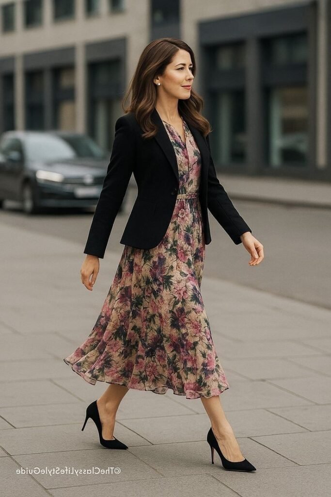 Black Fitted Blazer + Floral Midi Dress + Black Pointed Toe Stilettos