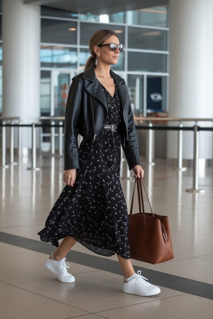 Black Floral Maxi Dress + Cropped Black Leather Biker Jacket + White Sneakers