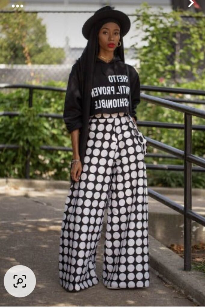 Black Graphic Hoodie + Black & White Bold Polka Dot Wide Leg Pants + Black Wide Brim Hat