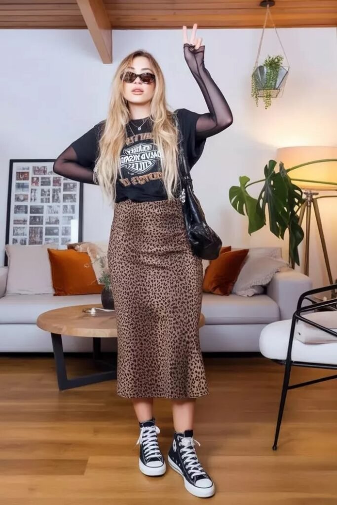 Black Graphic Shirt + Print Skirt + White and Black Boots