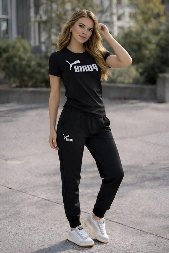 Black Graphic T Shirt + Black Joggers + White Sneakers