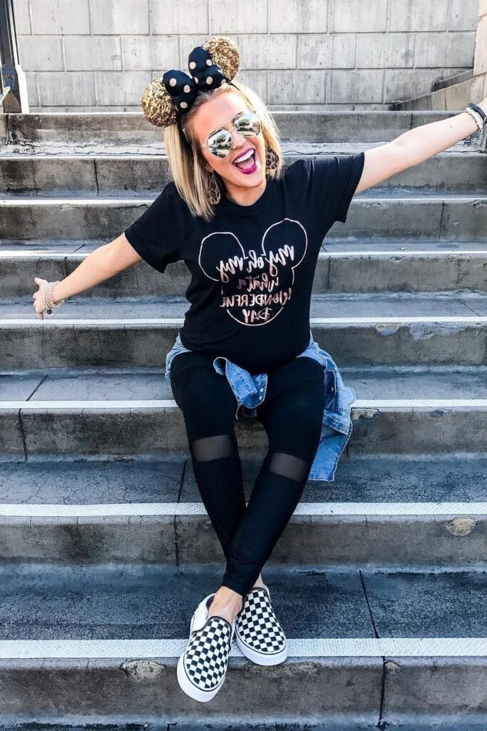Black Graphic T Shirt + Black Mesh Panel Leggings + Checkered Slip on Vans