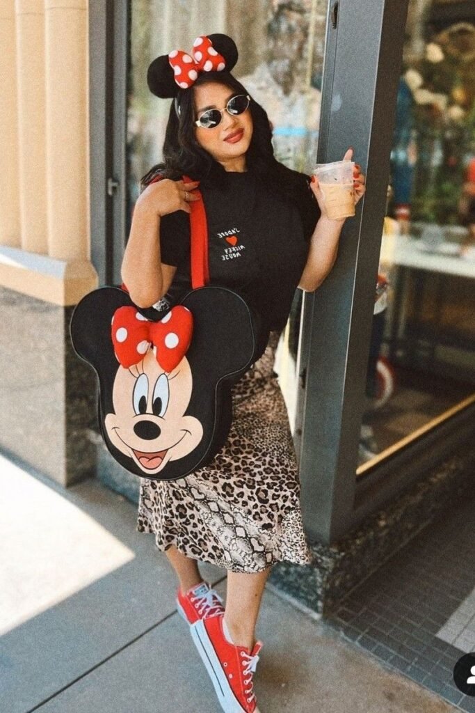 Black Graphic T Shirt + Leopard Print Midi Skirt + Red Low Top Sneakers