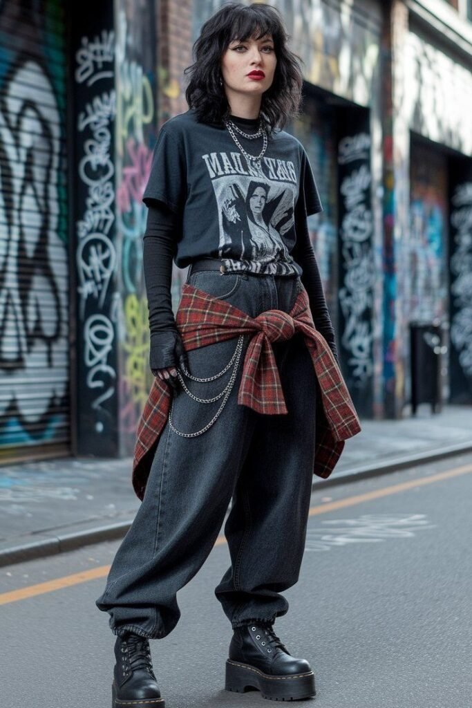 Black Graphic T Shirt + Red Plaid Flannel Shirt + Grey Baggy Jeans + Black Platform Boots