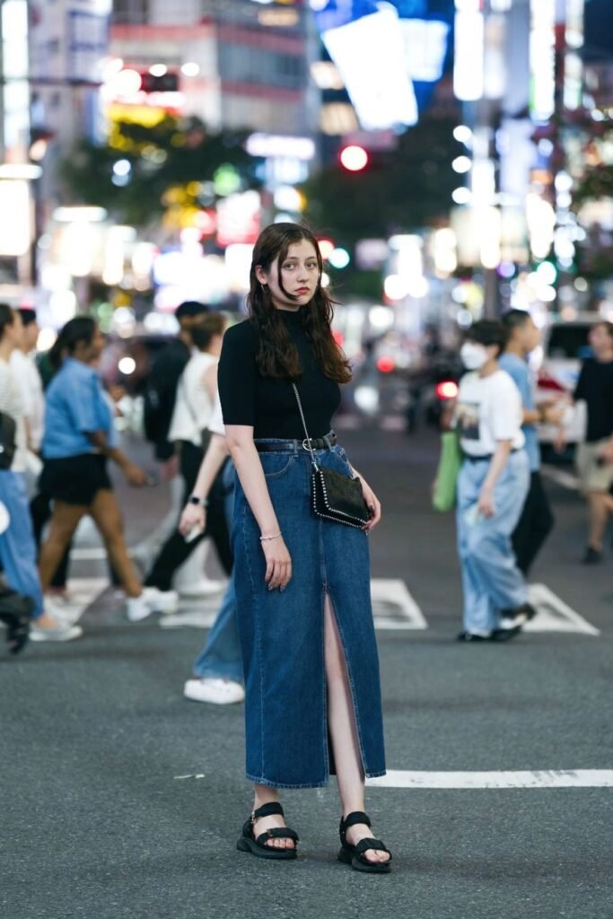 Black Half Sleeve Mock Neck Top + Denim Maxi Skirt with Front Slit + Black Strappy Sandals