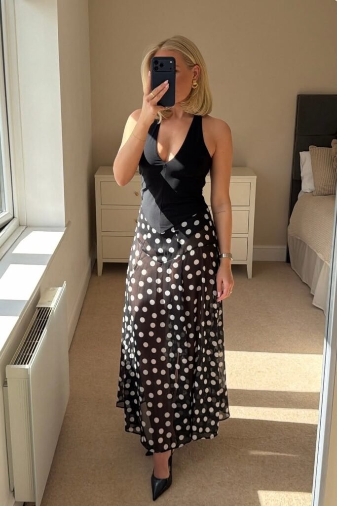 Black Halter Bodysuit + Sheer Polka Dot Maxi Skirt + Black Pointed Heels