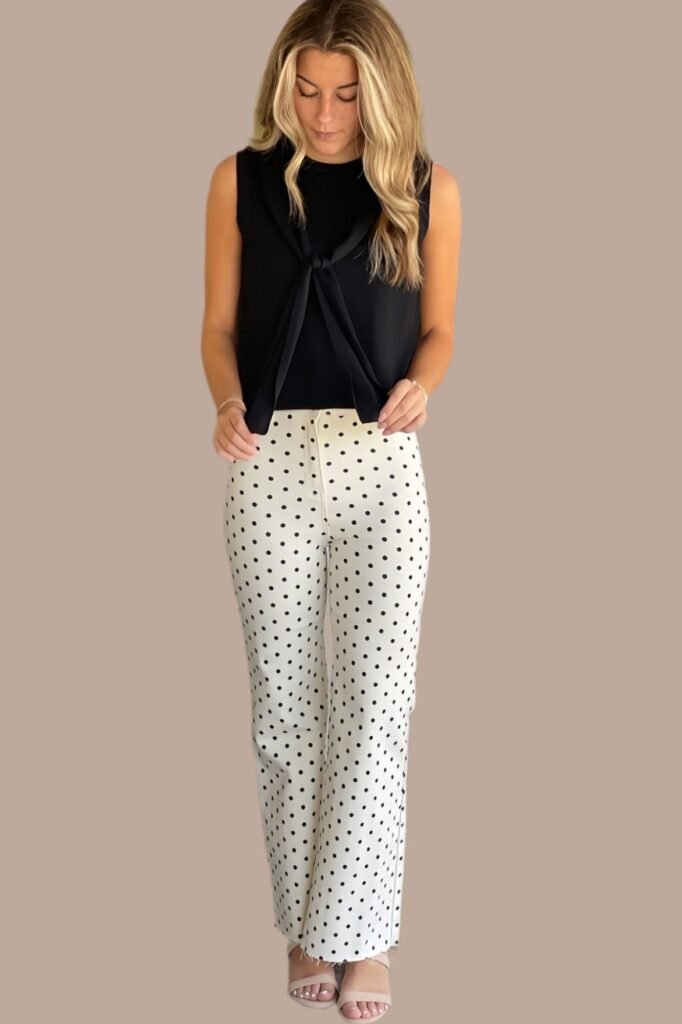 Black High Neck Tie Front Shell + White Polka Dot Straight Leg Pants + Nude Strappy Sandals